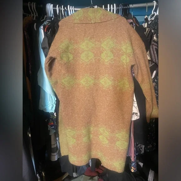Medium brown & muted chartreuse green long warm & fuzzy sweater coat - Picture 2 of 4